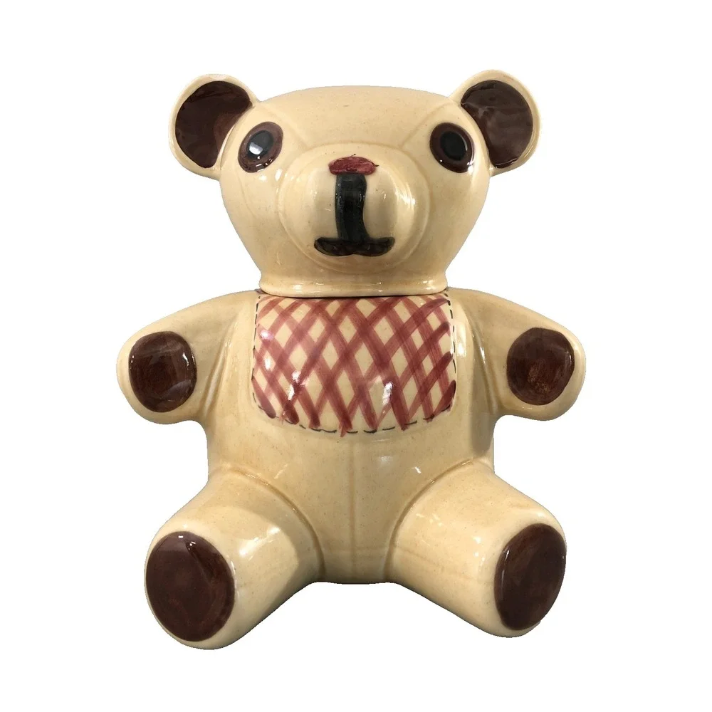 Teddy Bear Cookie Jar Tan Brown‎ Red Sweets Snacks Kitchen